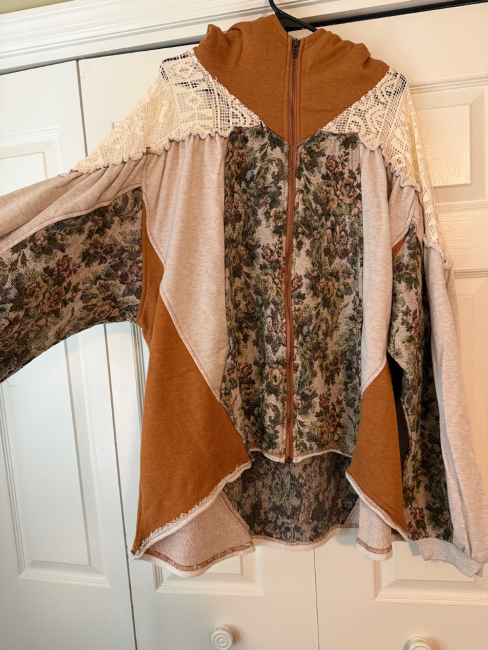 Boho Patchwork Zip-Up Hoodie in Brown, Cream & Olive Floral - Picture 2 of 4